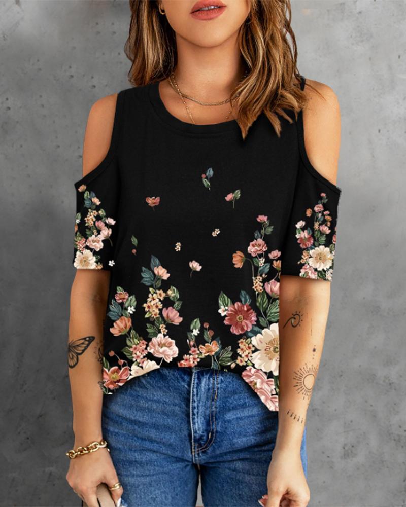 

Floral Print Cold Shoulder Top, Black