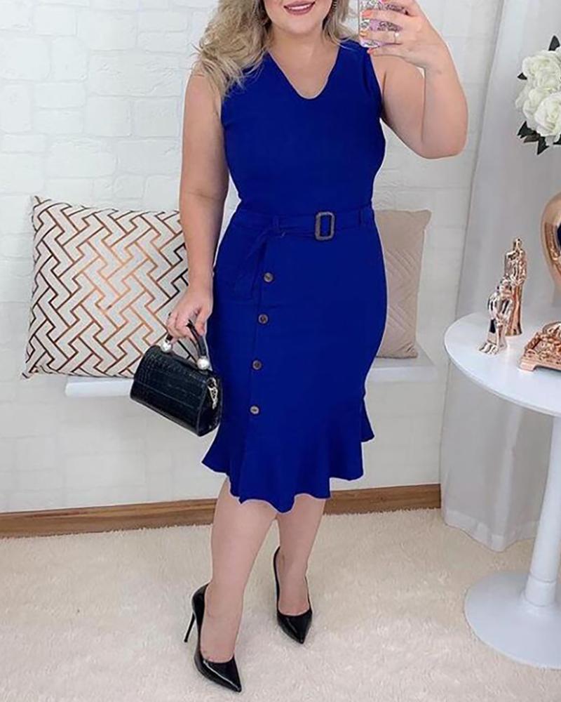 

Plus Size Button Front Sleeveless Mermaid Dress, Blue
