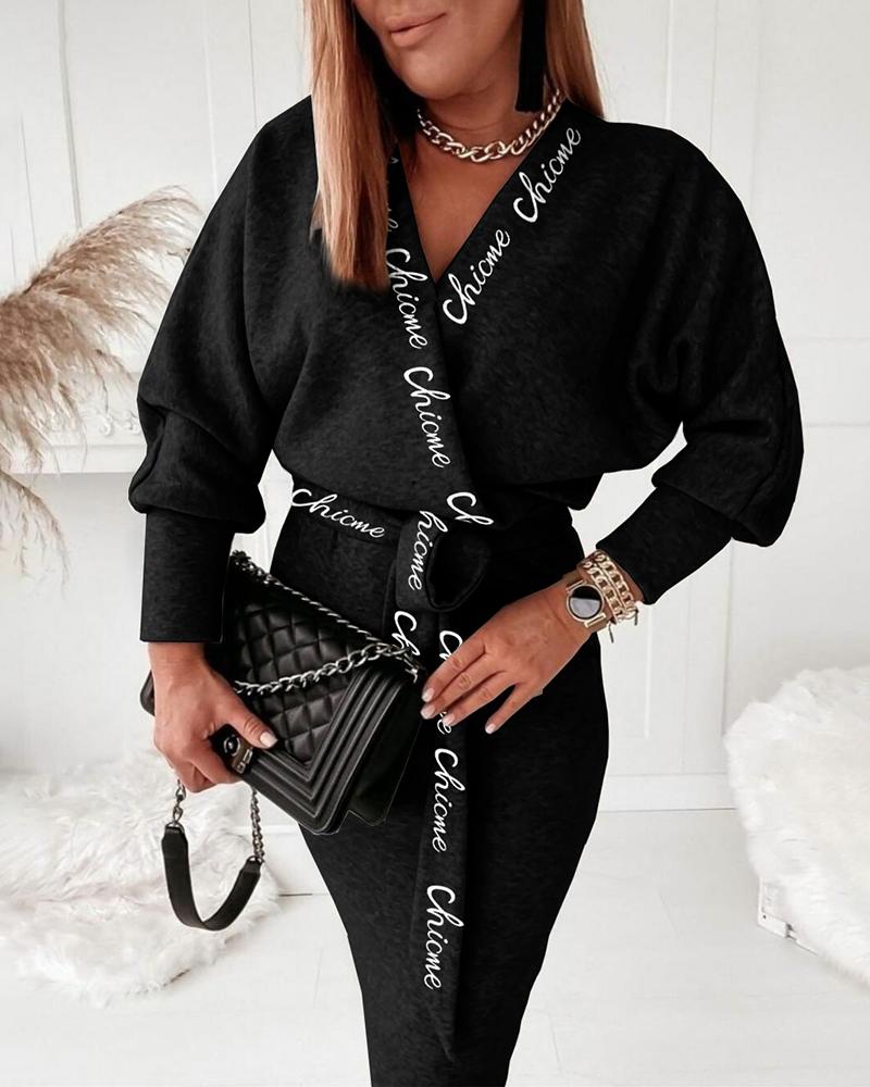 

Lantern Sleeve Letter Print Tied Detail Casual Dress, Black