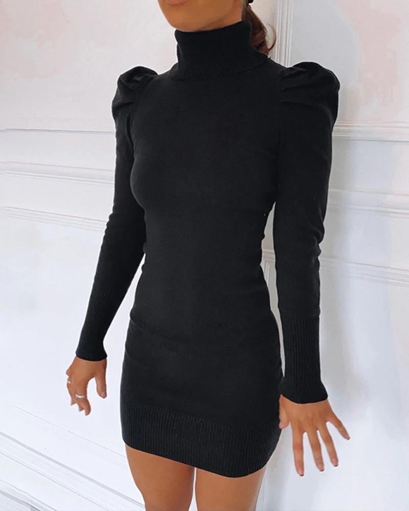 

Plain Puff Sleeve Bodycon Women Dress, Black