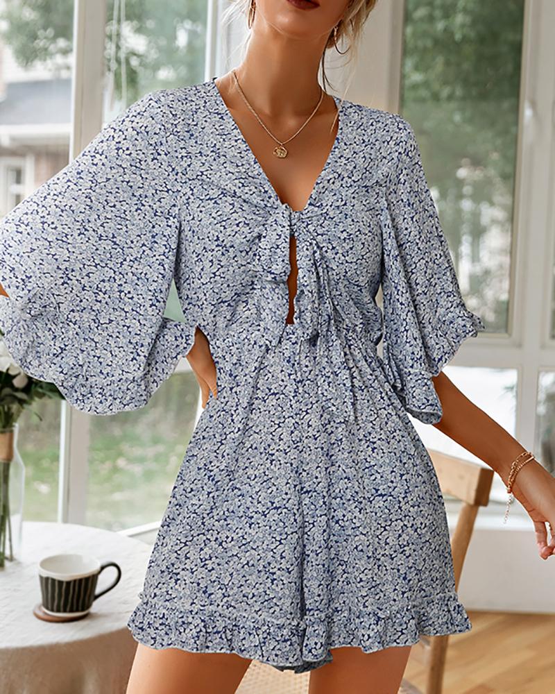 

Knotted Front Bell Sleeve Daisy Print Romper, Blue