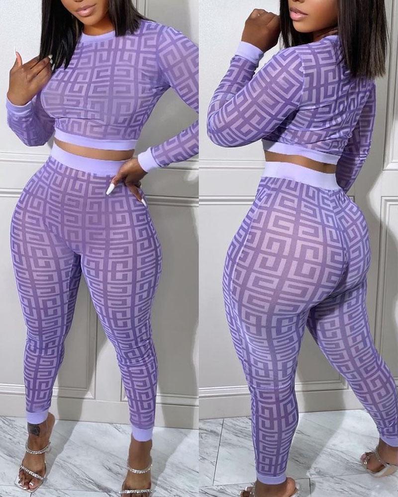 

Geometric Print Long Sleeve Crop Top & Pants Set, Purple