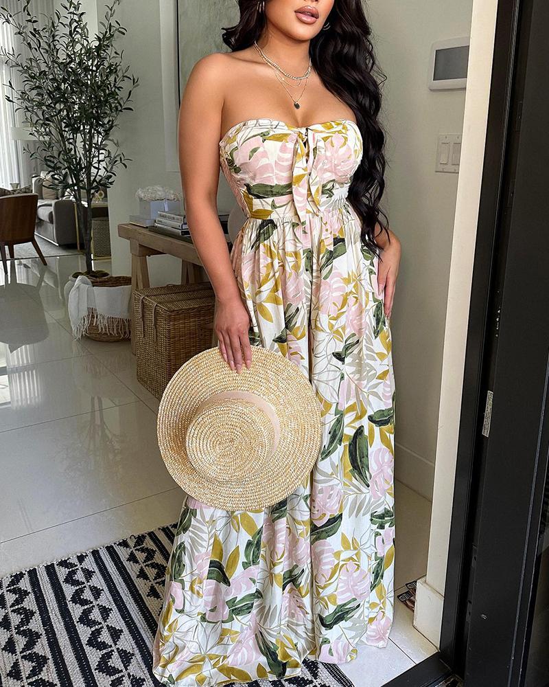 

Tropical Print Bandeau Wide Leg Jumpsuit, Multicolor