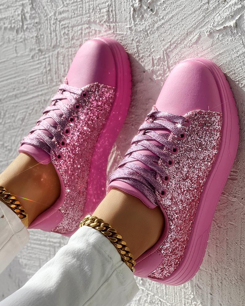 

Contrast Sequin Lace-up Round Toe Sneakers, Pink