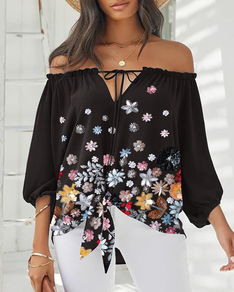 

Off Shoulder Floral Print Drawstring Blouse, Black