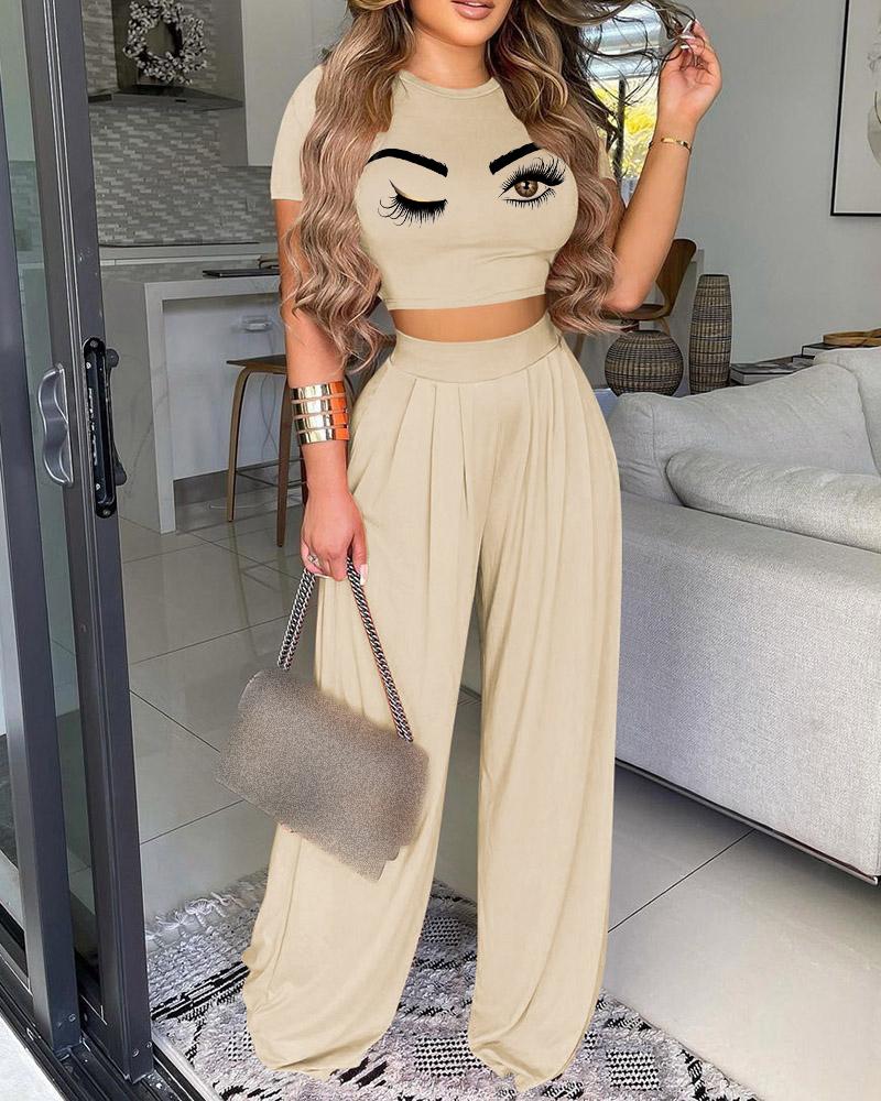 

Eyes Print Crop Top & Wide Leg Pants Set, Apricot