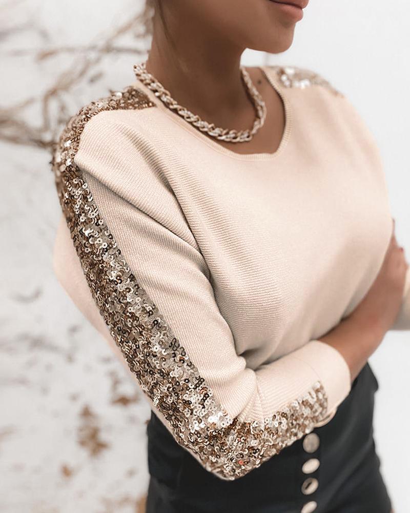 

Sequins Long Sleeve Knit Sweater, Apricot