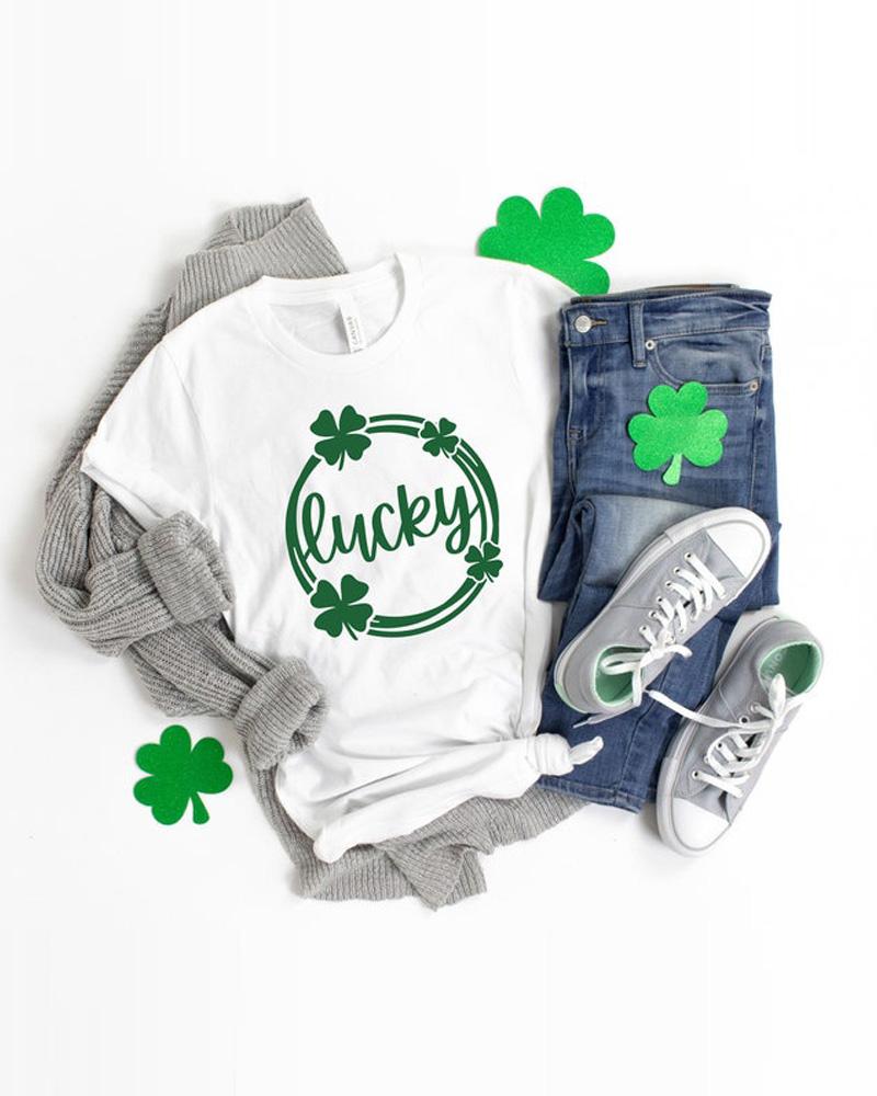 

Plus Size St. Patrick's Day Lucky Shamrock Print Casual T-shirt, White