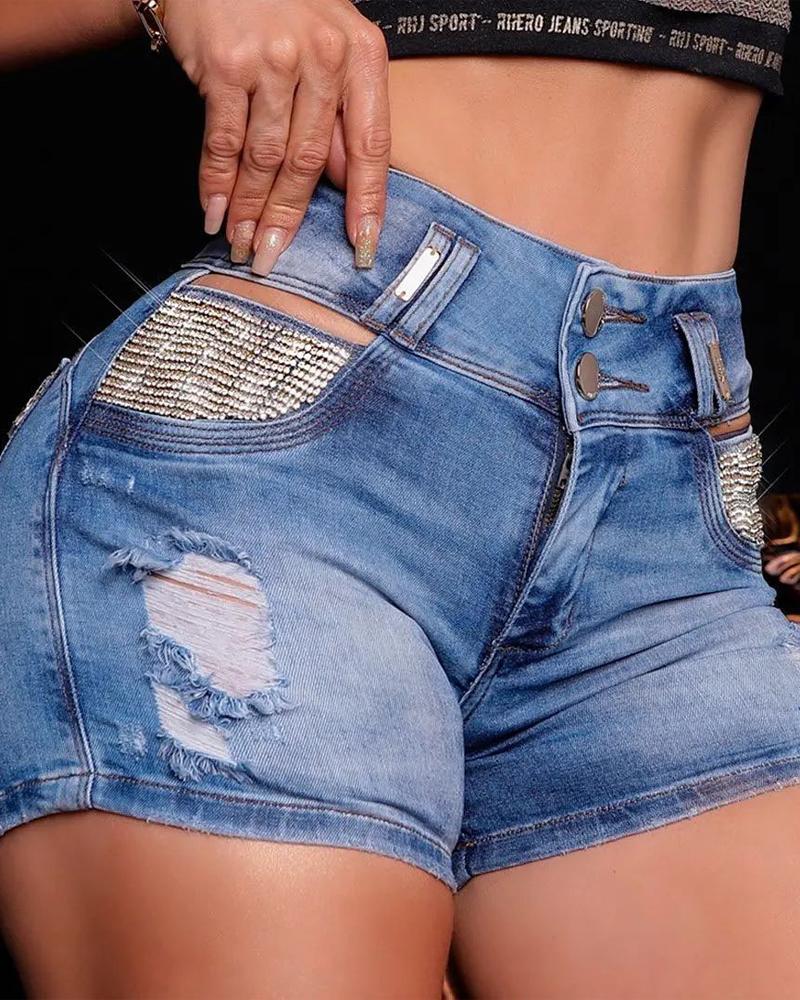 

Rhinestone Decor Cutout Ripped Denim Shorts, Blue