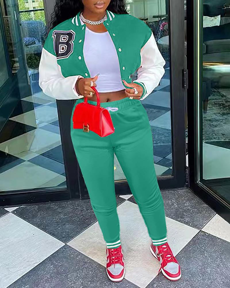 

Letter Print Colorblock Baseball Jacket & Drawstring Pants Set, Green
