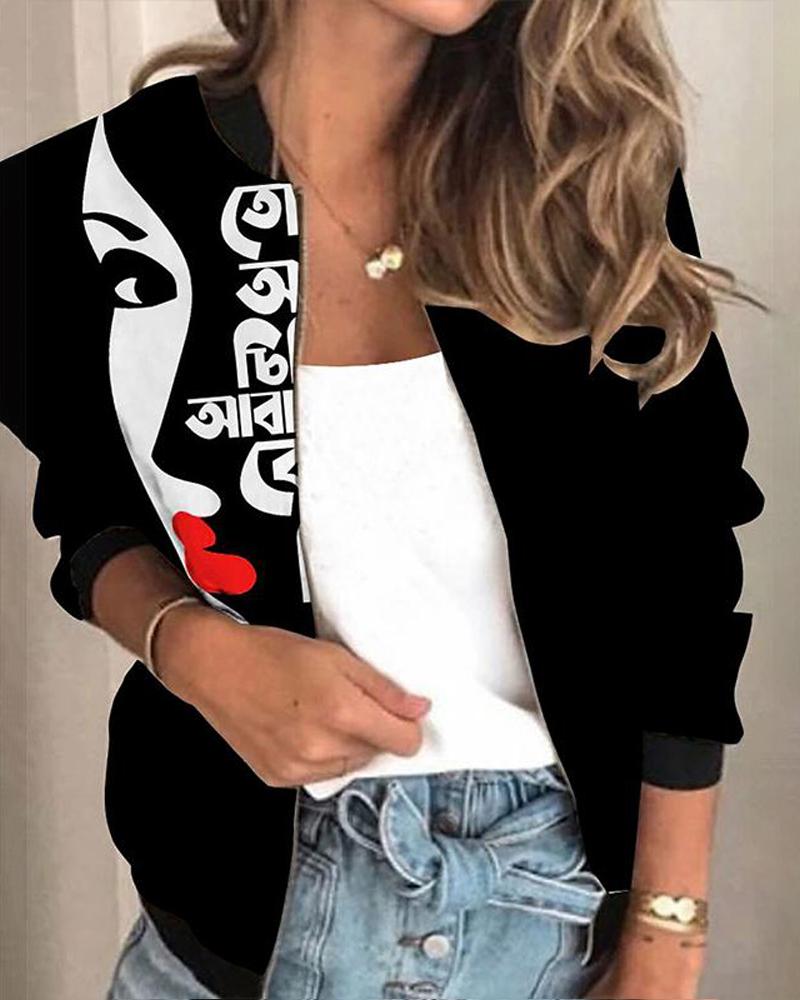 

Abstract Figure Print Long Sleeve Zip Up Coat, Black