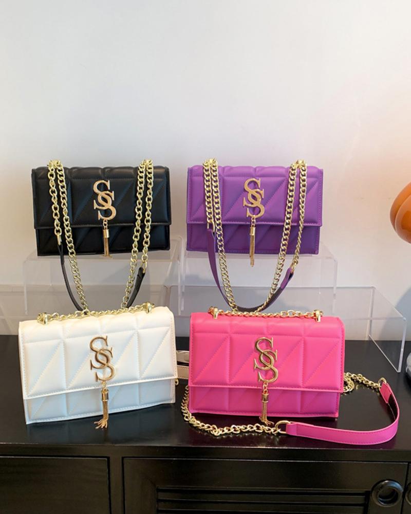 

Letter Pattern Chain Strap Tassel Design Magnetic Shoulder Bag, Black