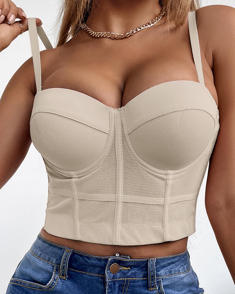 

Sheer Mesh V-Neck Spaghetti Strap Corset Crop Top, Beige