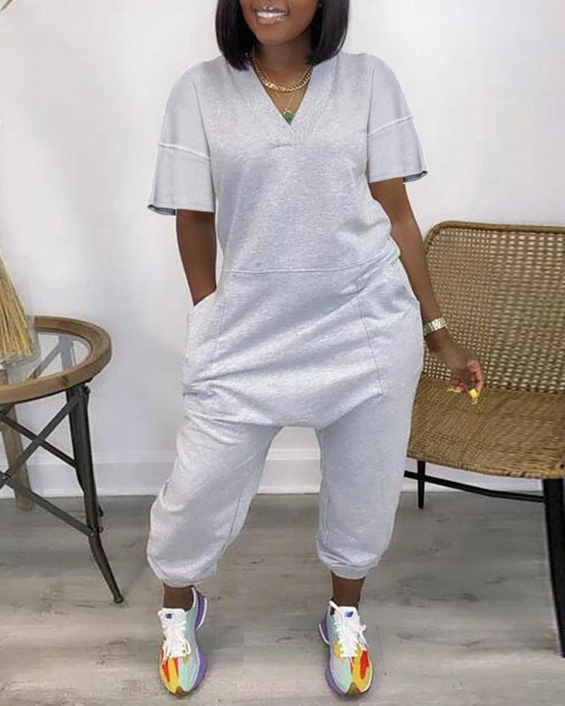 

V-Neck Pocket Design Short Sleeve Jumpsuit, Gray