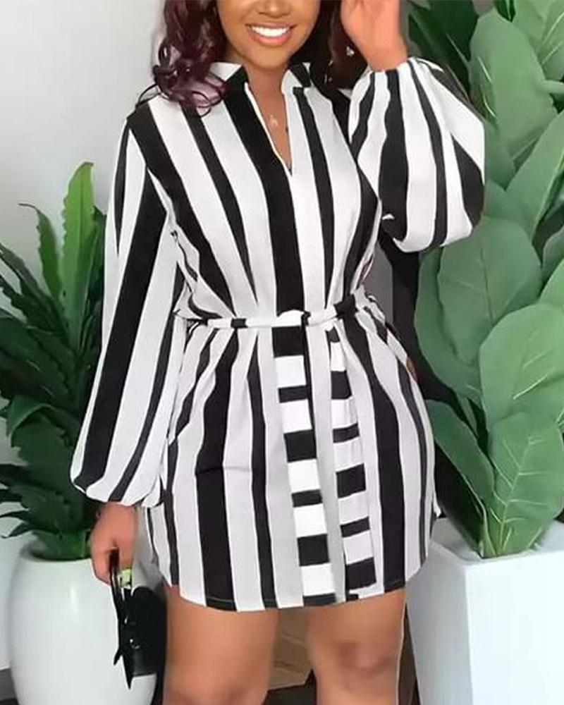 

Striped Colorblock Notch Neck Casual Dress, Black
