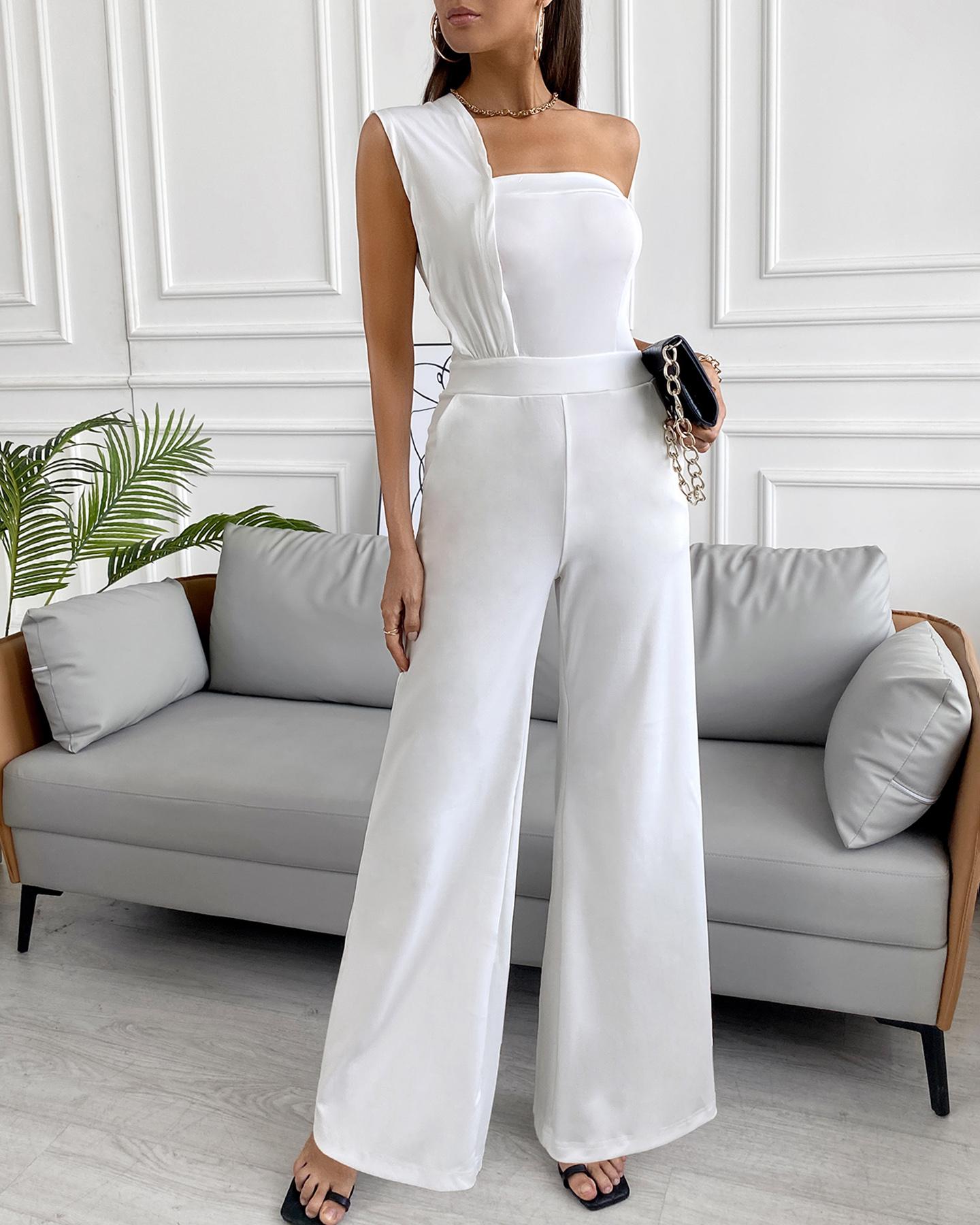 

One Shoulder Pocket Design Sleeveless Jumpsuit, White