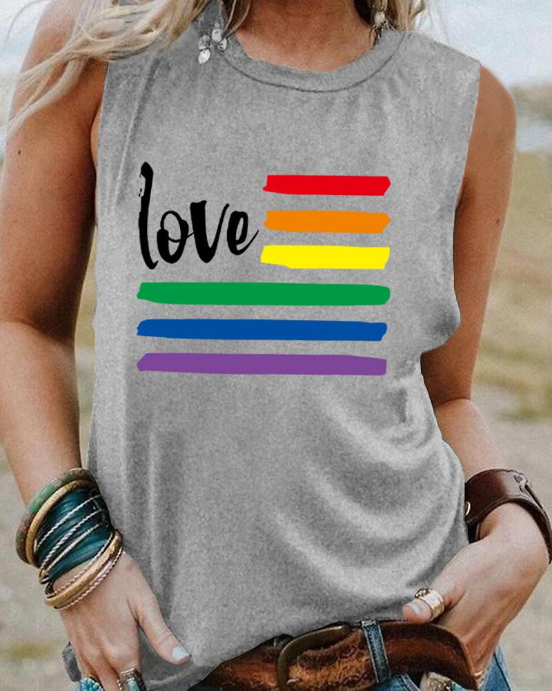 

Rainbow Stripe Love Print Tank Top, Light gray