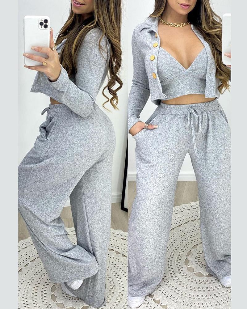 

Spaghetti Strap Crop Top & Wide Leg Pants Set With Coat, Gray