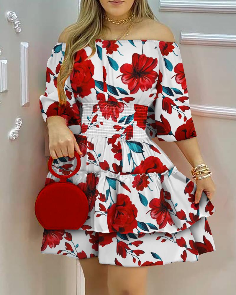 

Off Shoulder Frill Hem Floral Print Dress, Red