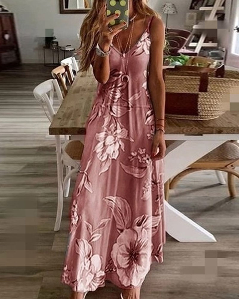 

Floral Print V-Neck Casual Cami Dress, Pink