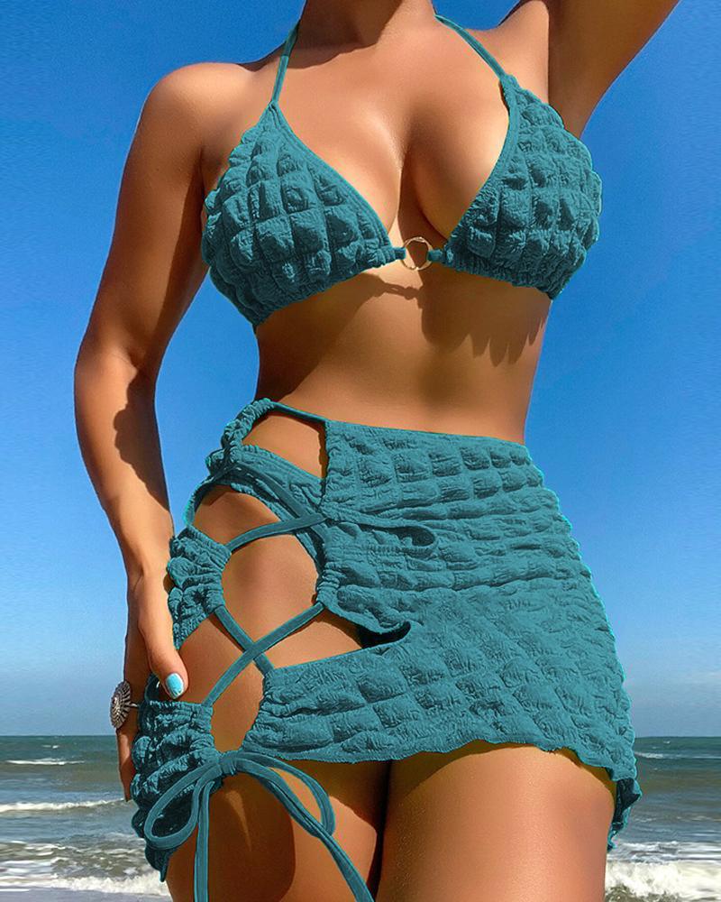 

3PCS O-Ring Halter Textured Bikini Set With Cover Up, Blue