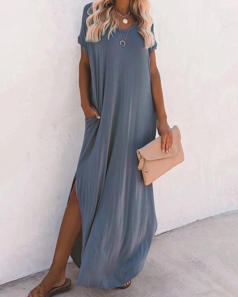 

Pocket Decor Slit Casual T-shirt Dress, Dark grey