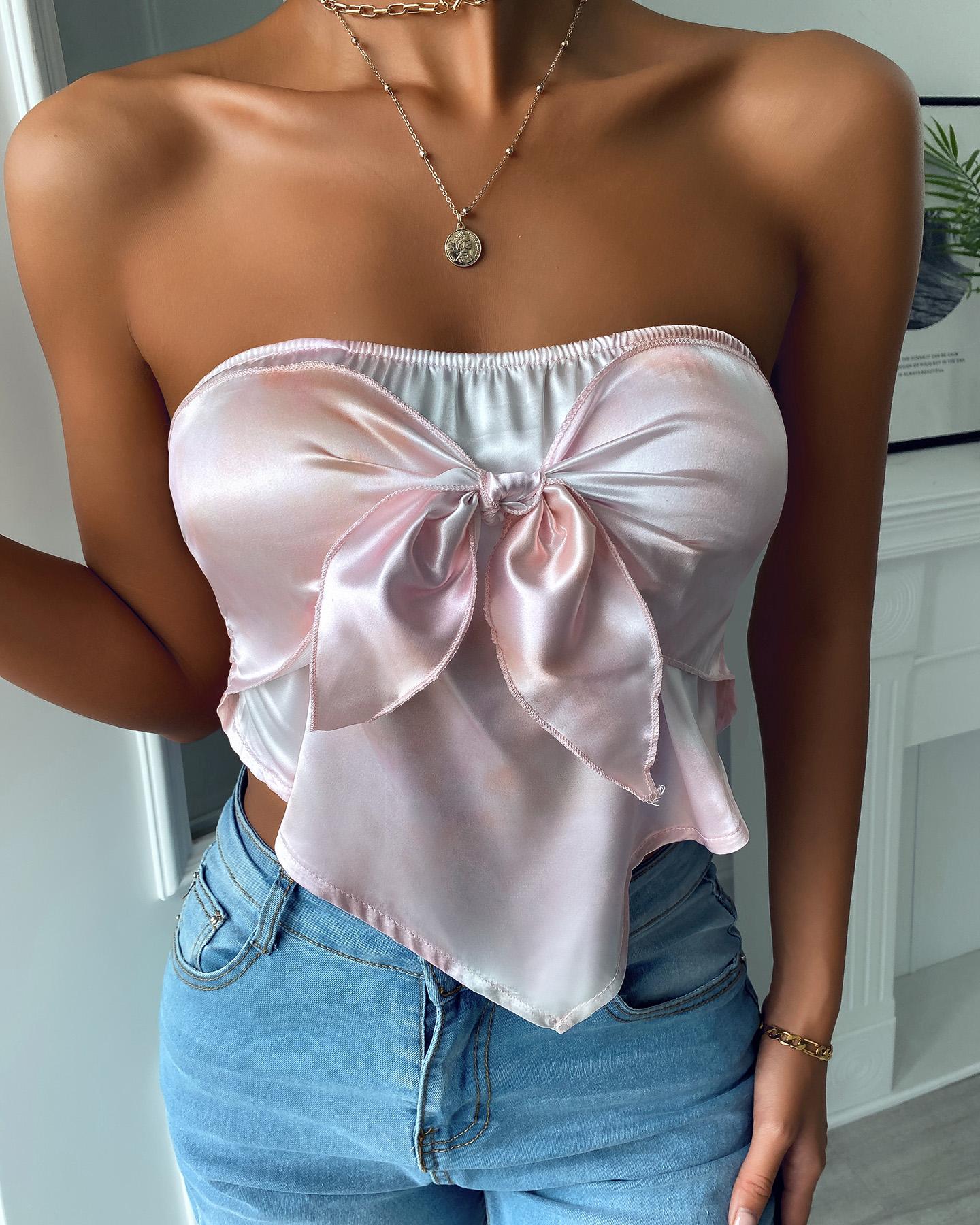 

Knotted Shirring Detail Bandeau Handkerchief Top, Pink