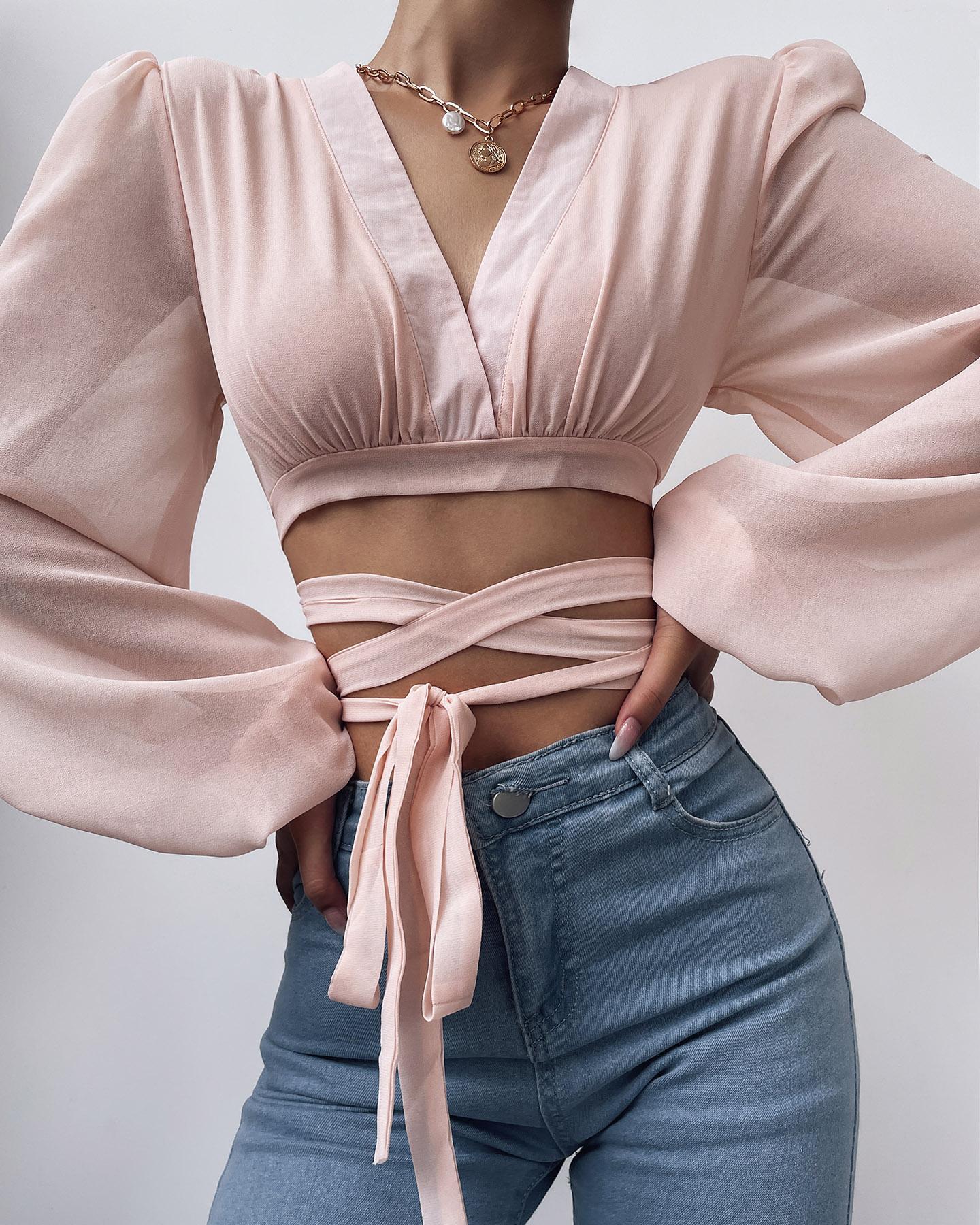 

V-Neck Bandage Lace-up Back Long Sleeve Top, Pink