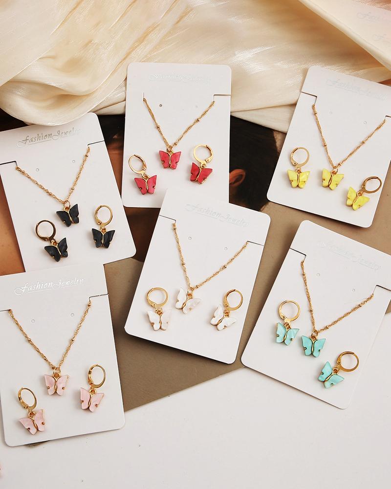 

2PCS Butterfly Pendant Necklace & Earrings Jewelry Set, Pink