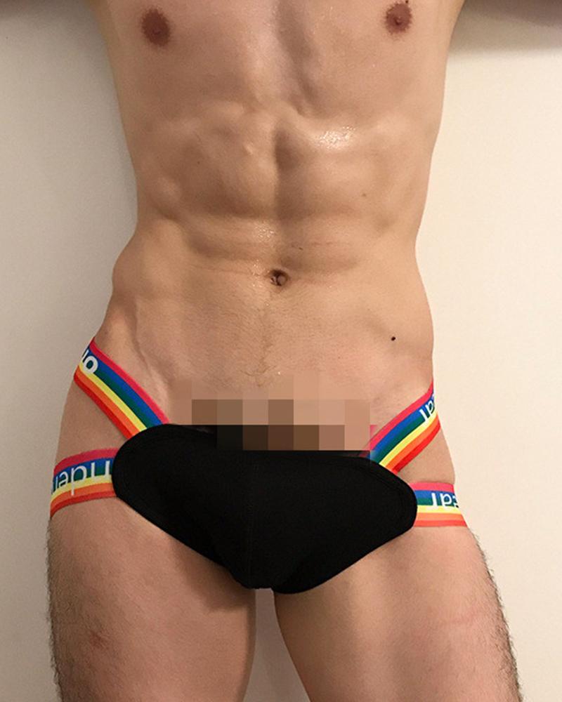 

Solid Color Splicing Rainbow Striped & Letter Print Skinny Underpants, Black