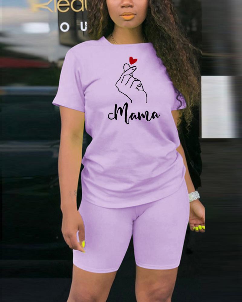 

Mother' Day Letter Heart Print Casual Top & Shorts Set, Purple