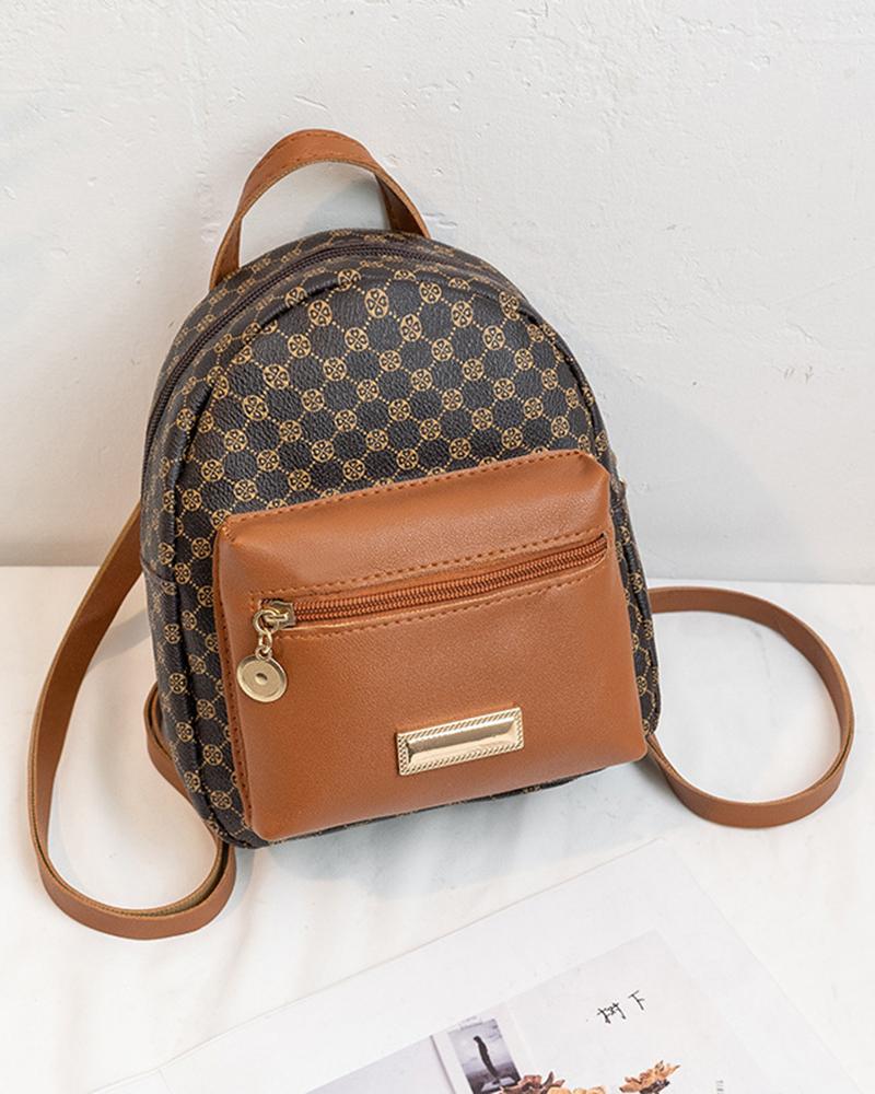 

Geometric Print Zipper Design Backpack, Brown