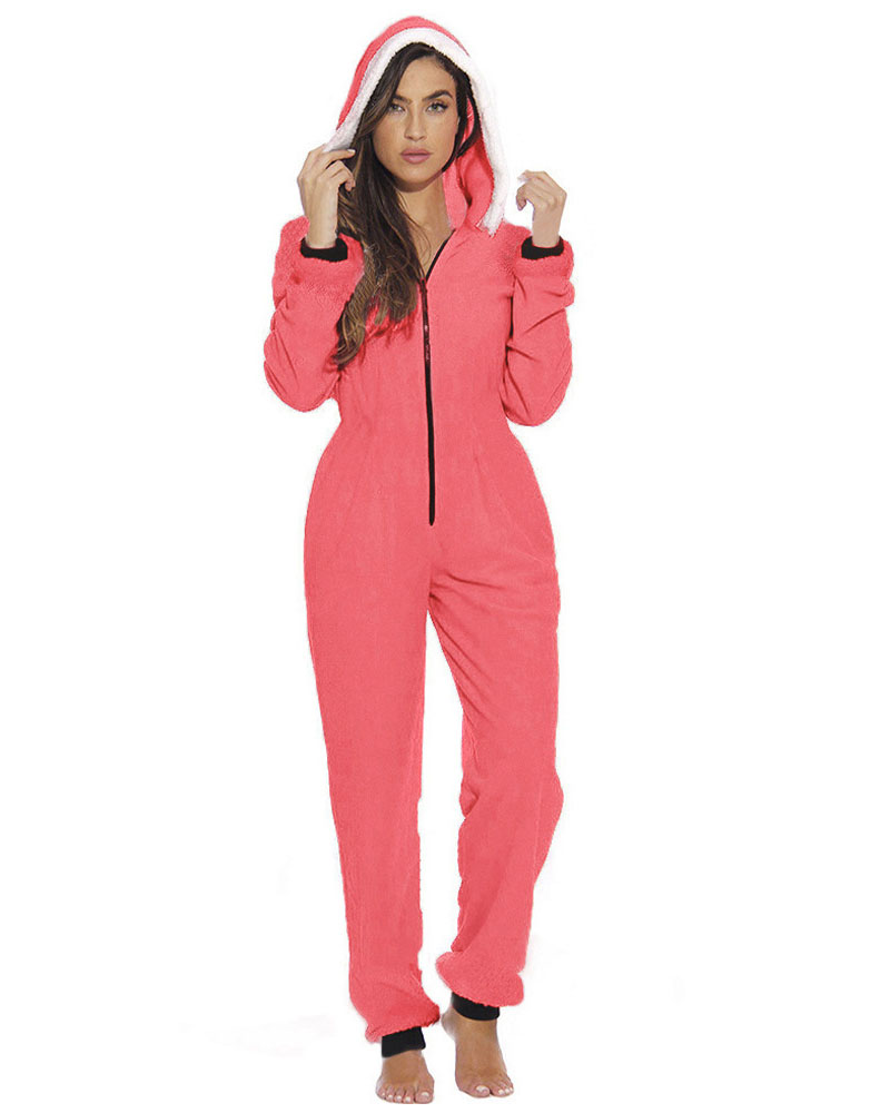 

Christmas Zip Front Fluffy Hooded Adult Onesie, Pink