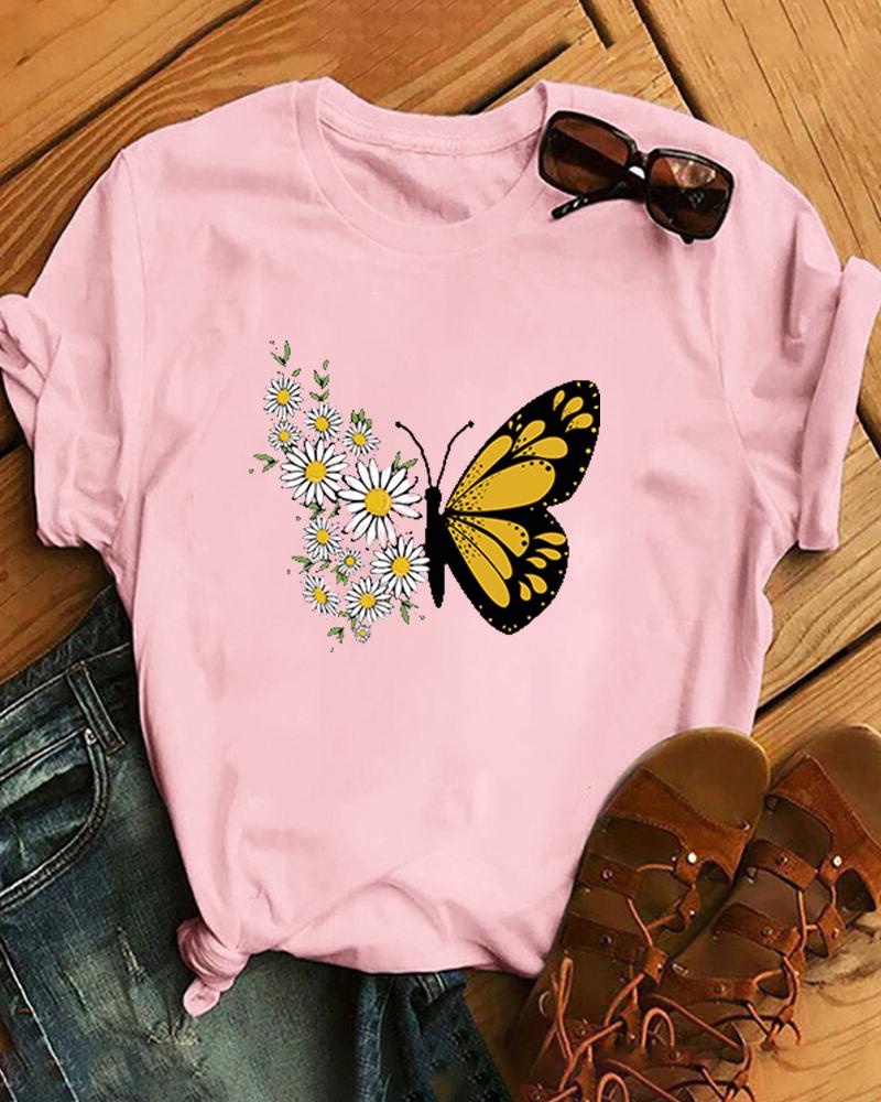 

Butterfly & Daisy Short Sleeve Loose T-shirts, Pink