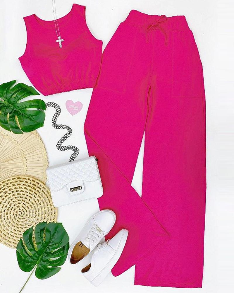 

Crop Tank Top & Wide Leg Pants Set, Hot pink