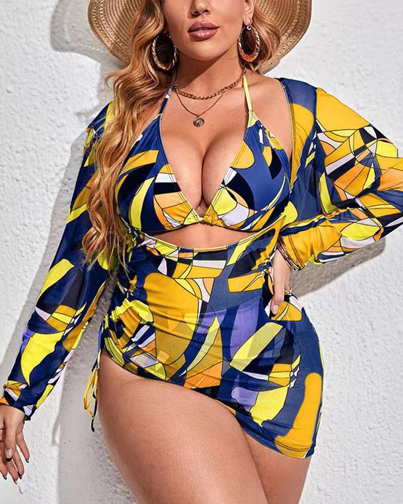 

Plus Size 3PCS Abstract Print Bikini Set With Cover Up, Yellow