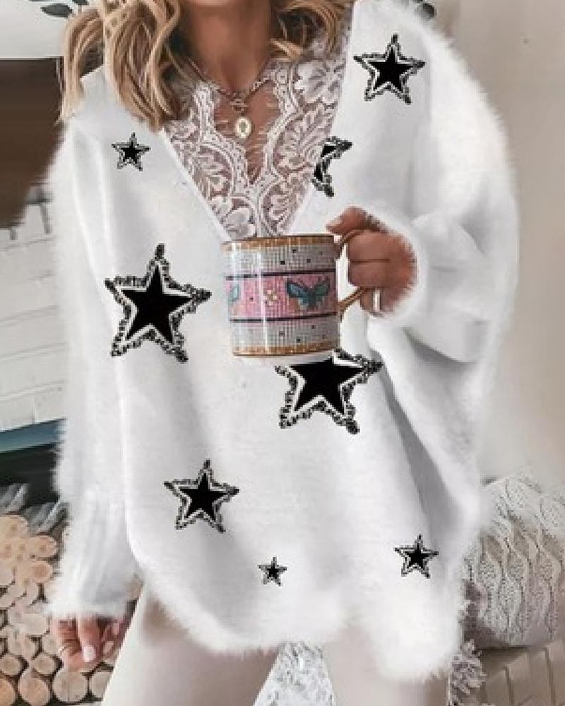 

Eyelash Crochet Lace Patch Star Print Sequin Sweater, White