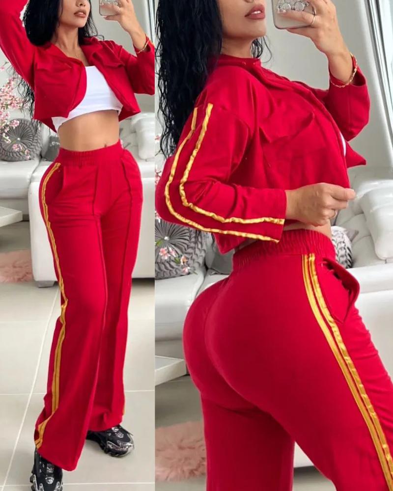 

Striped Jacket & Piping Pocket Design Pants Set, Red