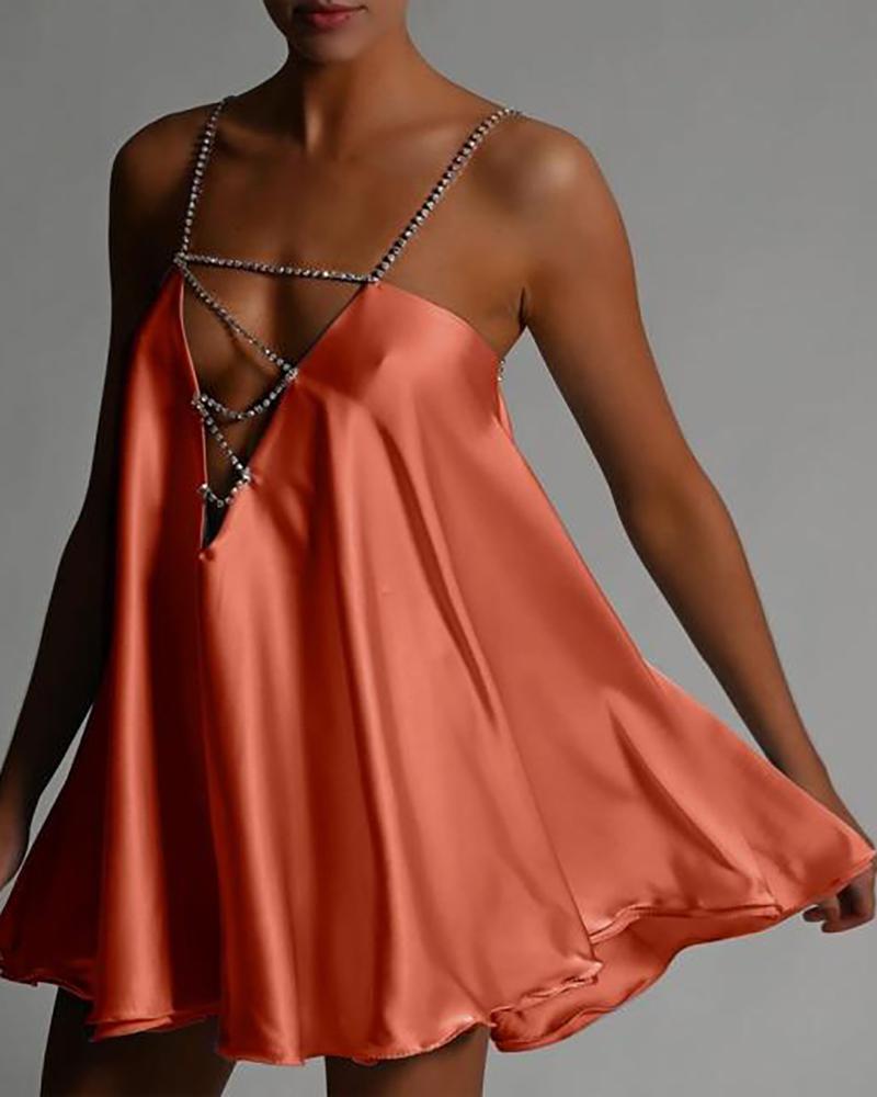 

Rhinestone Strap Plunge Satin Swing Dress, Pink
