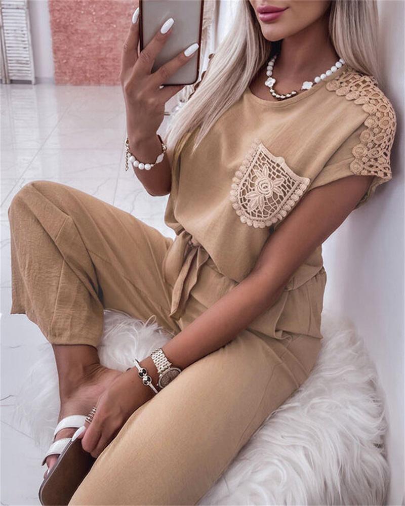 

Contrast Lace Tied Detail Top & Pants Set, Khaki
