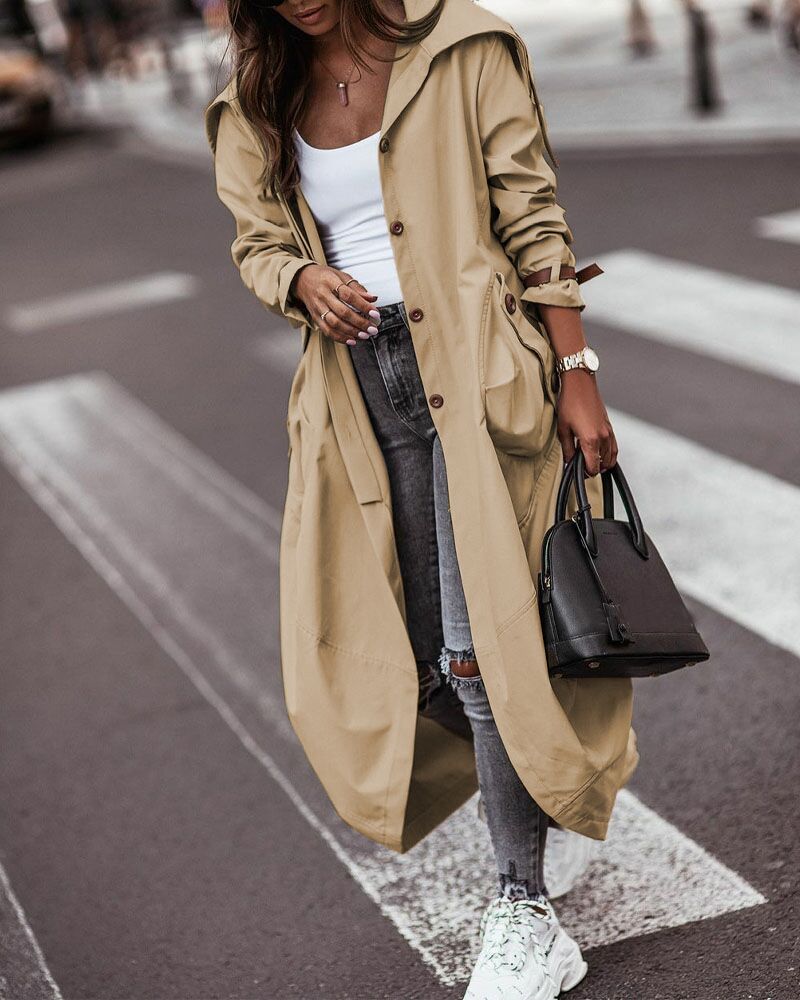 

Single Breasted Pocket Design Belted Hem Trench Coat, Khaki