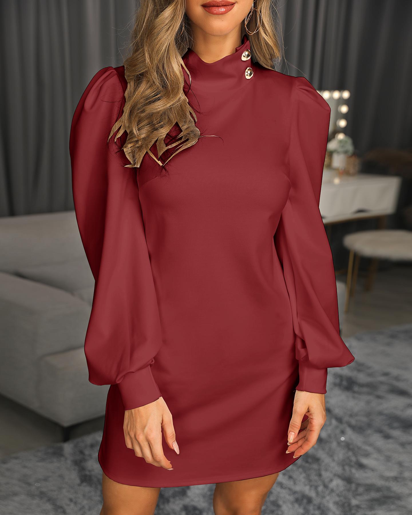 

Solid High Neck Mini Dress, Red