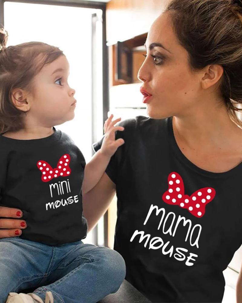 

Mommy & me Letter Bowknot Pattern Print Round Neck T-Shirt For Mom, Black