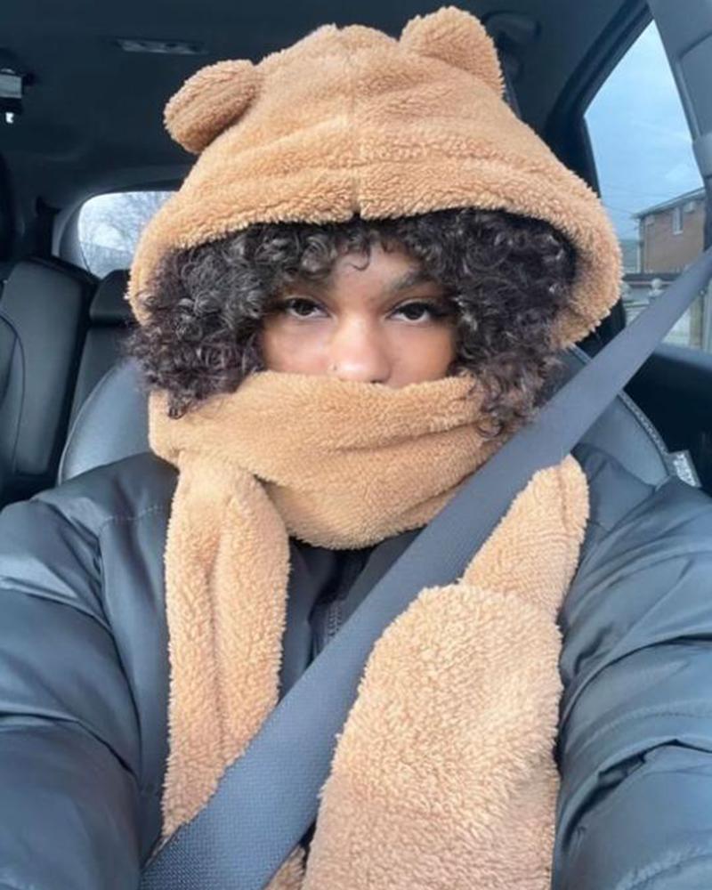 

One-Piece Scarf Mask Earmuffs Fuzzy Winter Thermal Hat With Teddy Ears, Khaki