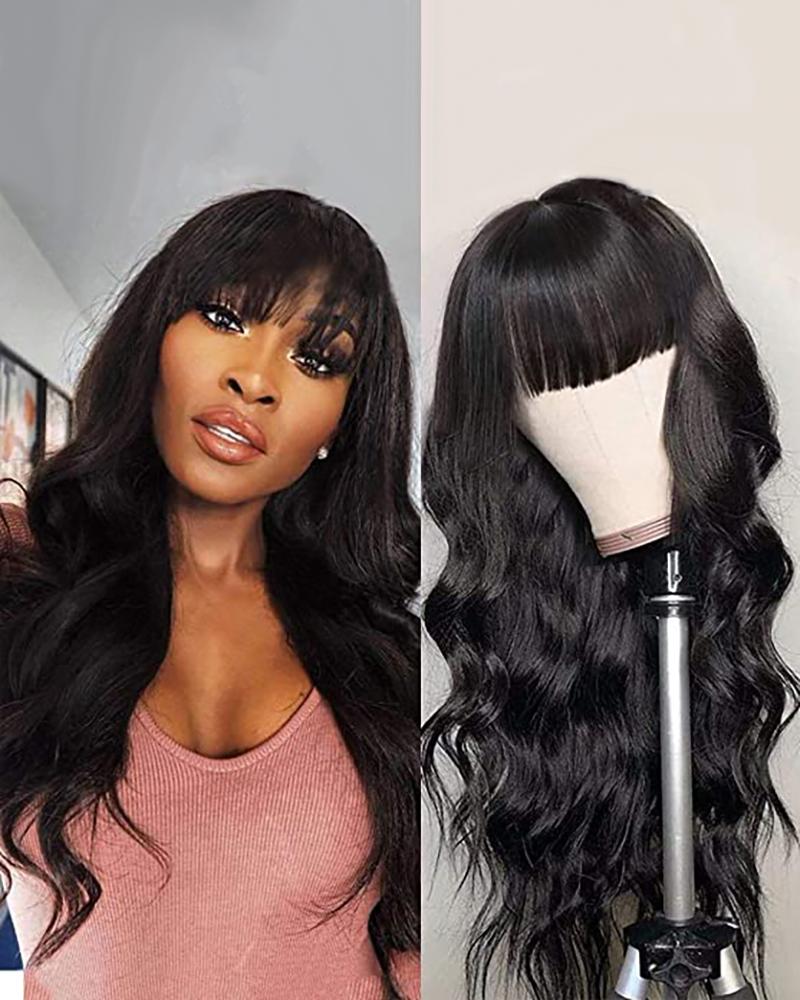 

Body Wave Wigs With Bangs None Lace Front Glueless Wigs, Black
