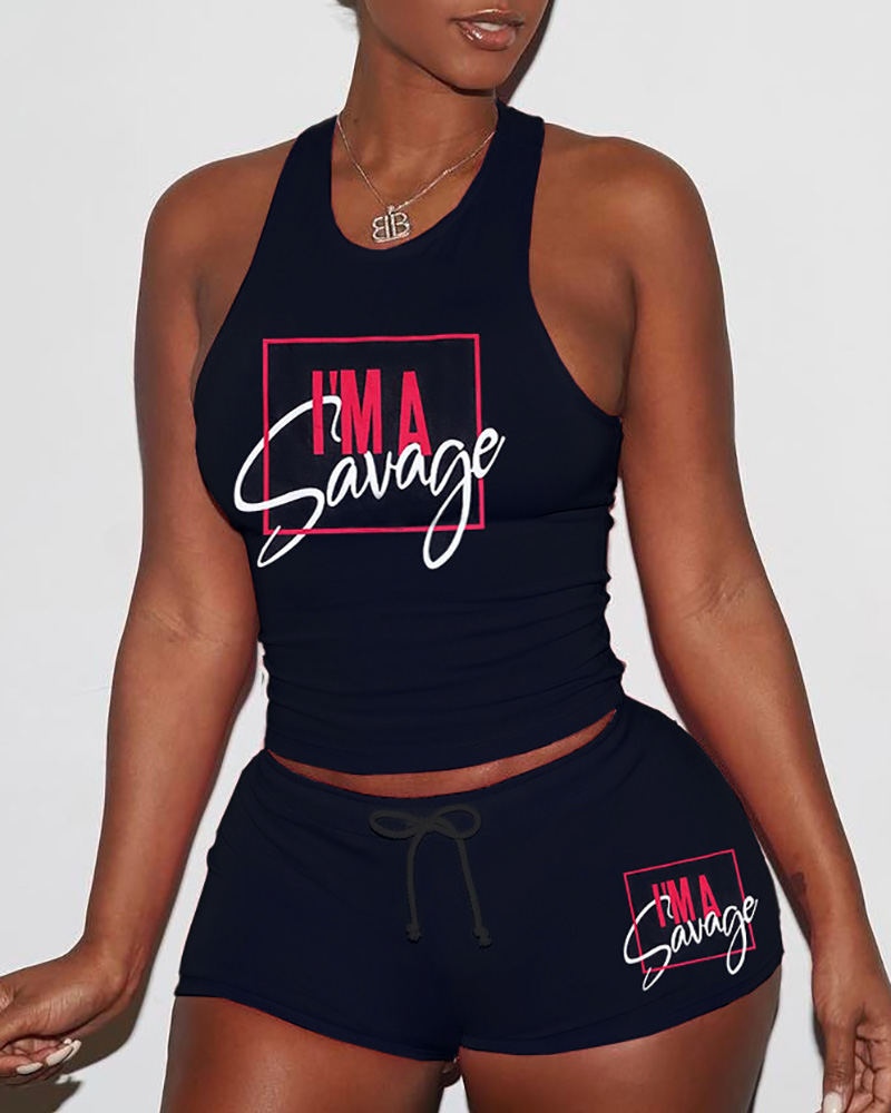 

U-Neck Letter Print Tank Top & Shorts Set, Black