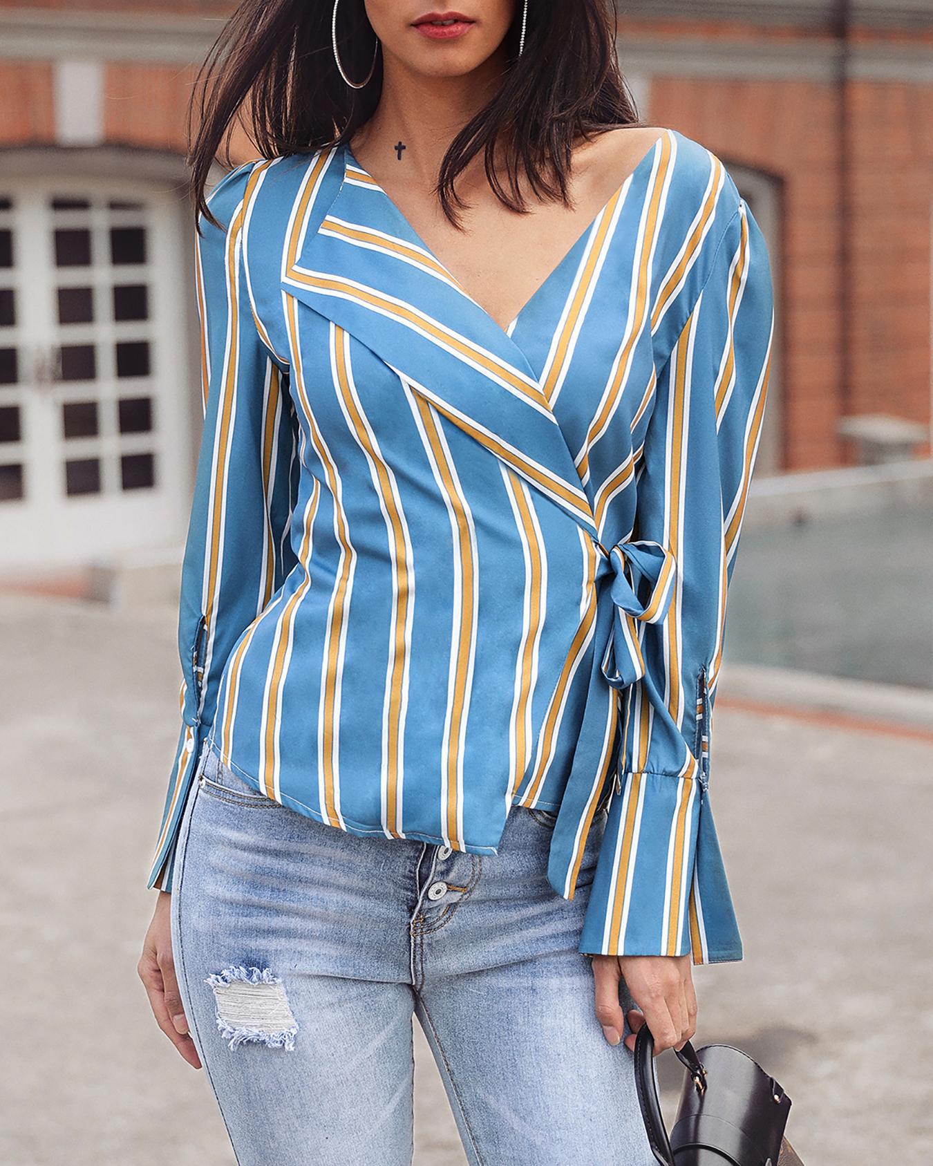 

Long Sleeve Tie Side Striped Irregular Blouse, Blue