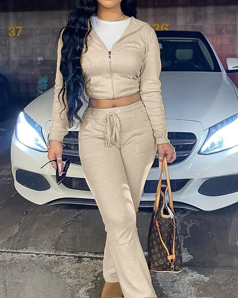 

Long Sleeve Zip Up Hooded Coat & Bootcut Pants Set, Khaki