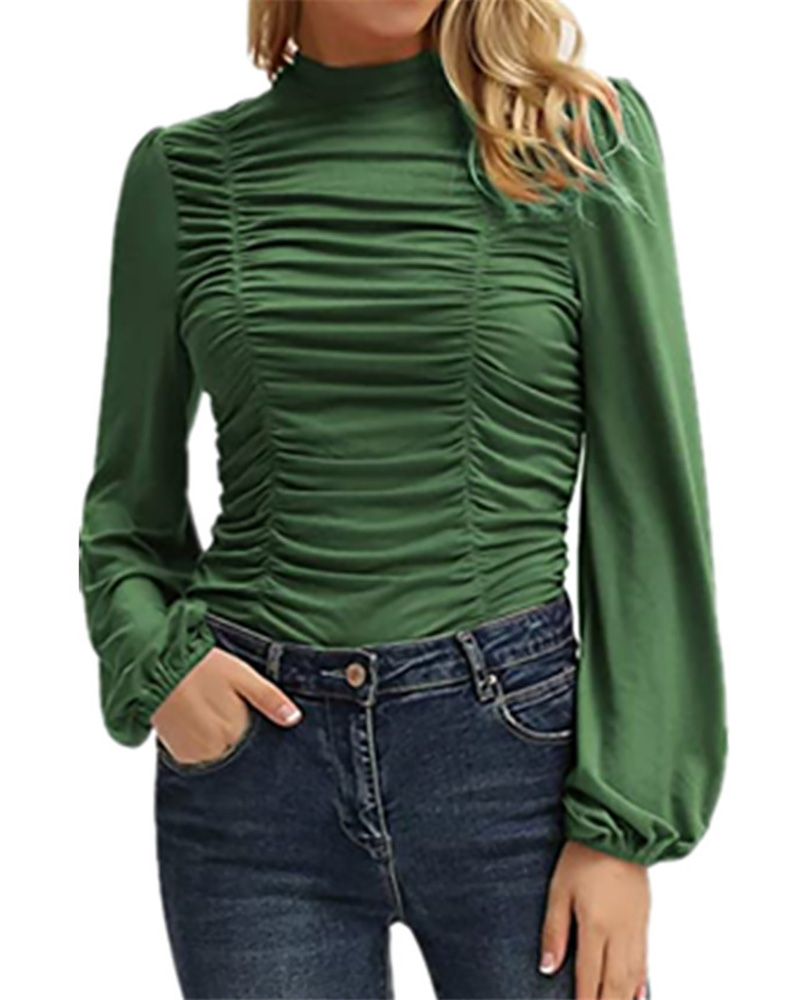 

O Neck Lantern Sleeve Ruched Top, Green