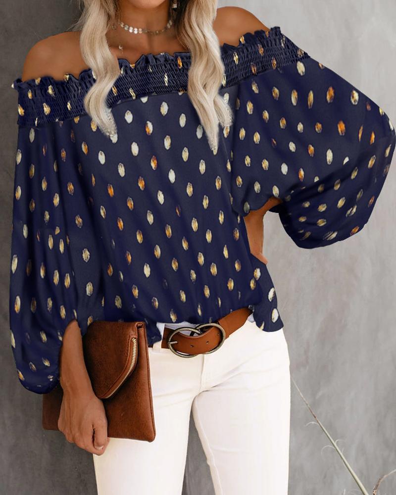 

Off Shoulder Studded Polka Dot Long Sleeve Blouse, Purplish blue